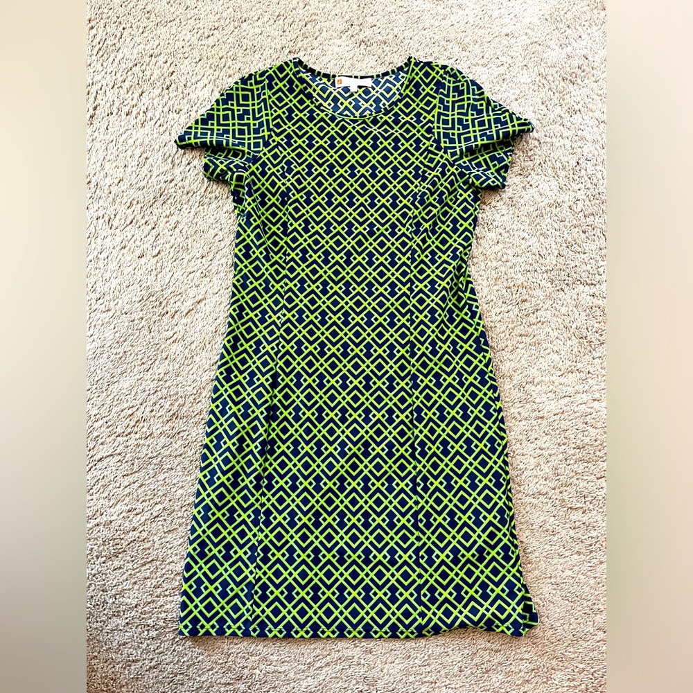 Jude Connally Blue and Green Geometric Pattern Mini Dress